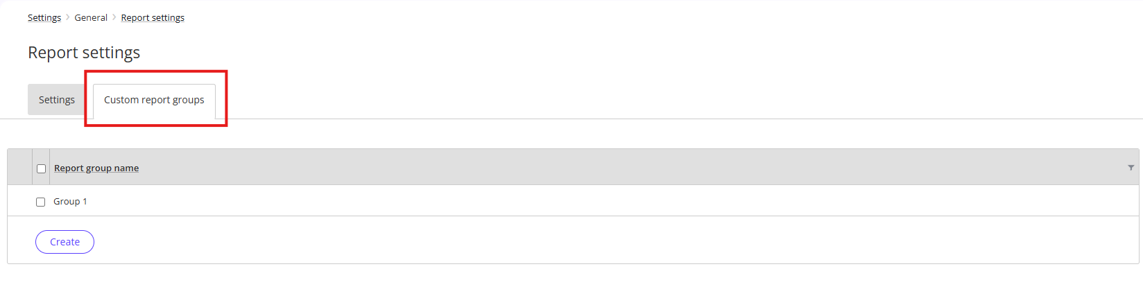 The custom report groups tab on the Report settings screen.