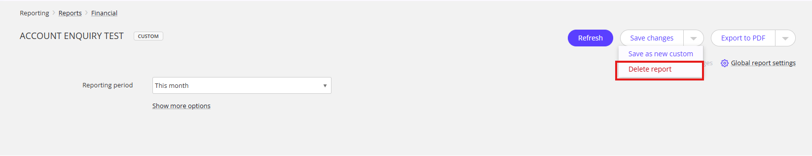 A report with the Delete report option shown.