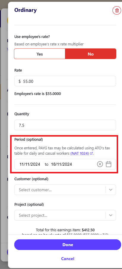 Ordinary earnings item edit drawer with dates entered in the Period (optional) field.