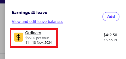 Ordinary earnings shown in edit employee's pay drawer, with dates shown underneath