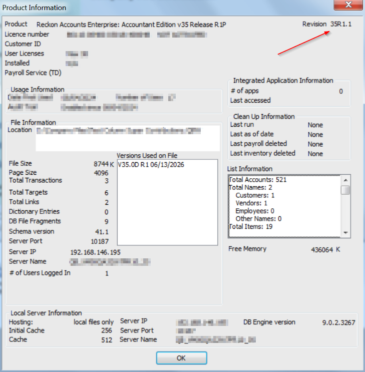 Product Information window with the version/release highlighted in the top-right corner