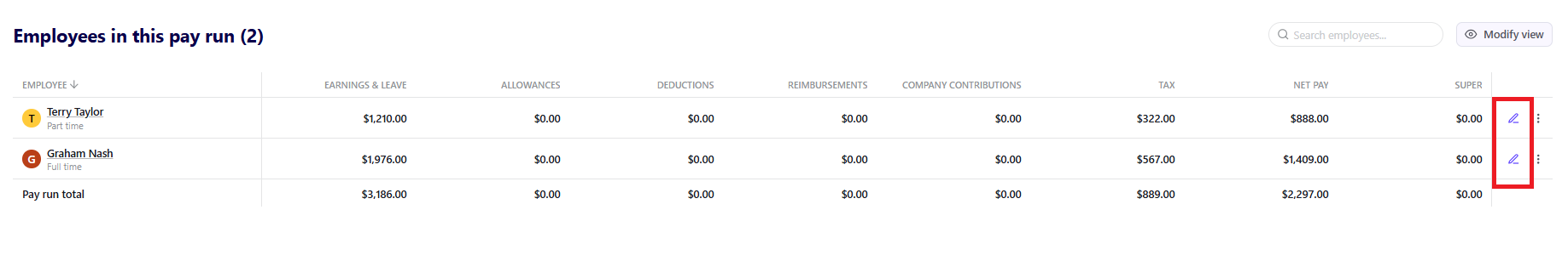 Pay run screen with pencil icons highlighted, showing where to edit employee pay details.