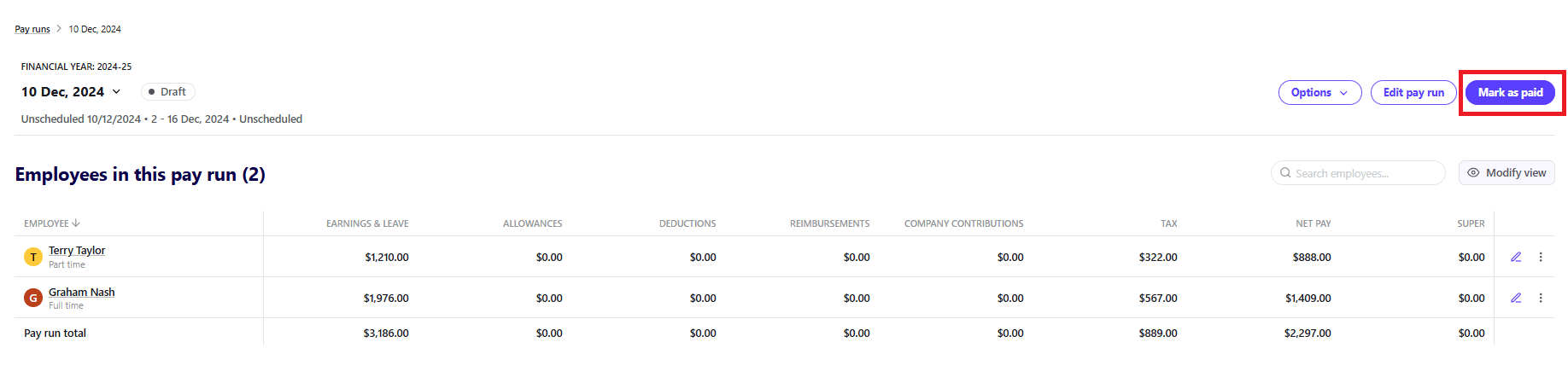 Pay run screen, showing Mark as paid button in top right hand corner.