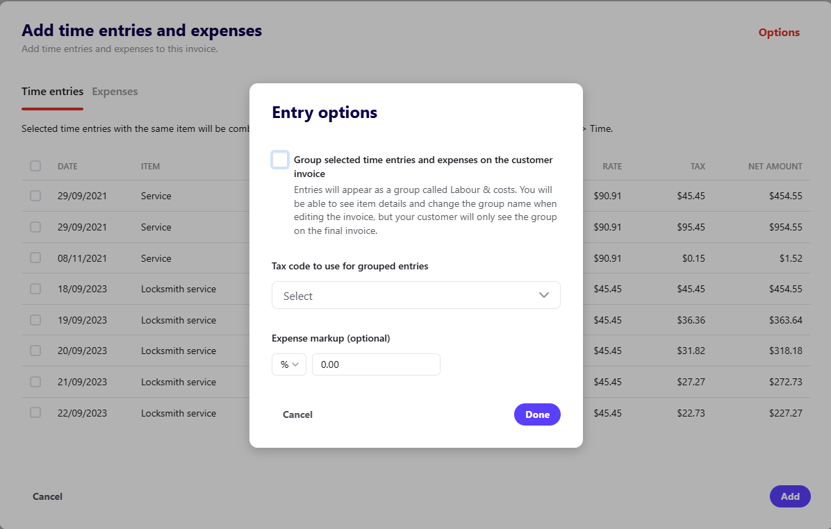 Screenshot of time and expense import settings