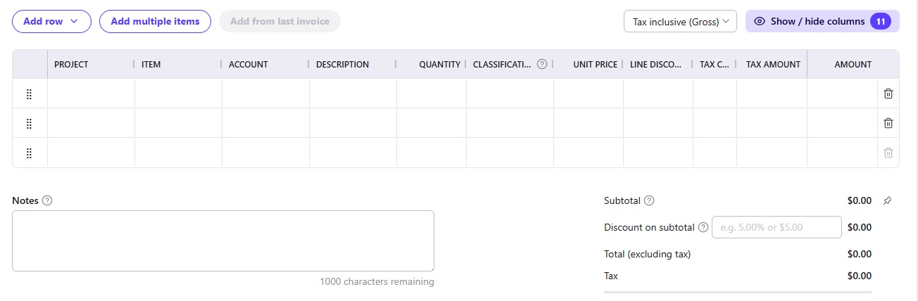 Goods and services table on invoice creation screen