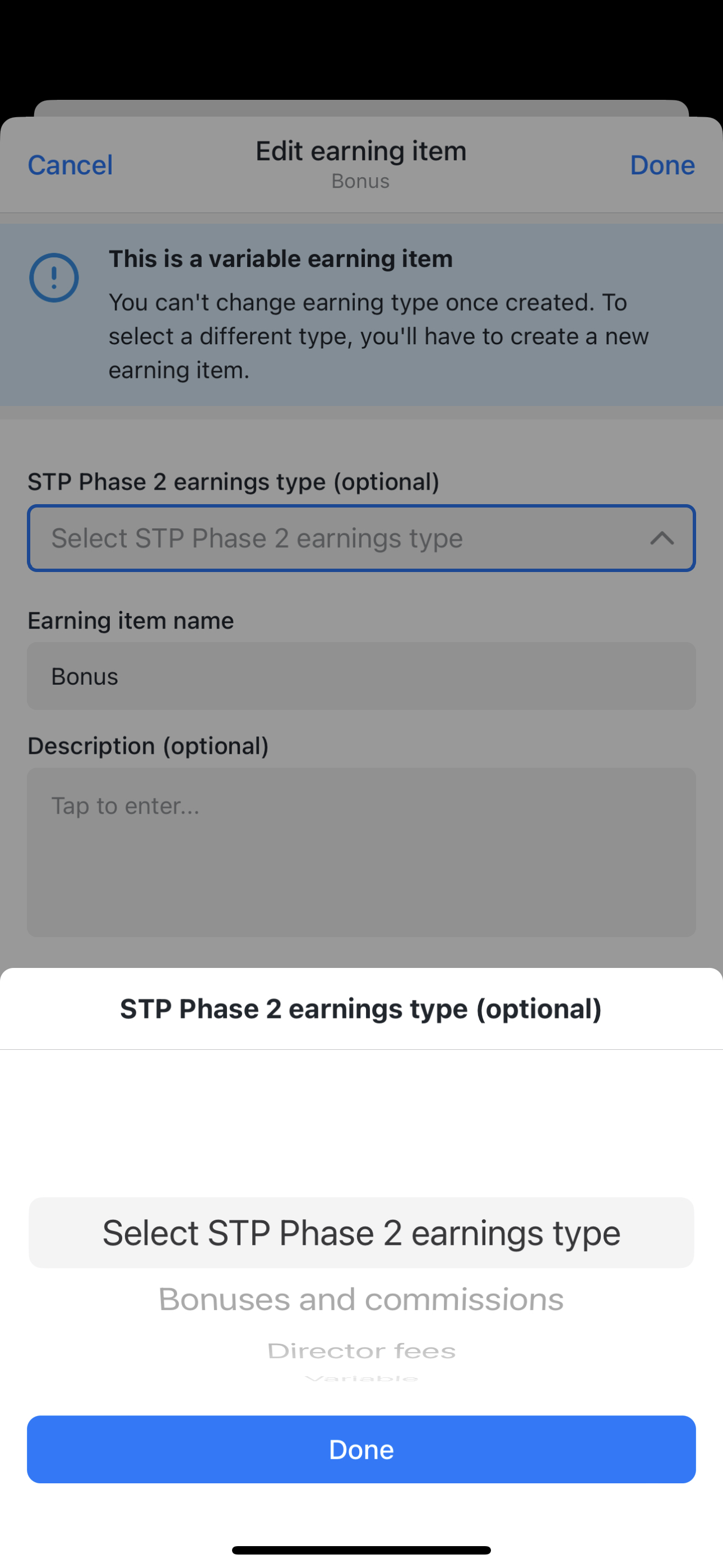 STP Phase 2 earnings type (optional) menu