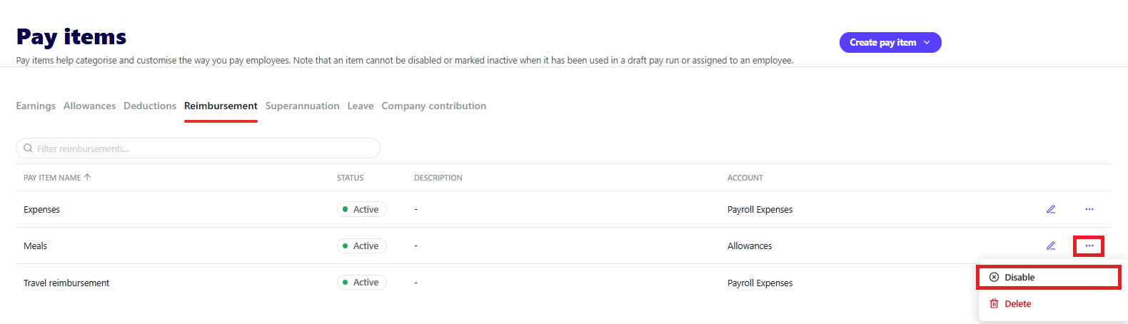 Reimbursement tab on the Pay items screen, showing the ellipses menu and Disable menu item next to a reimbursement pay item.