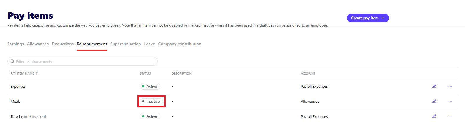 Reimbursement tab on the Pay items screen, showing a disabled reimbursement item with the status of Inactive.