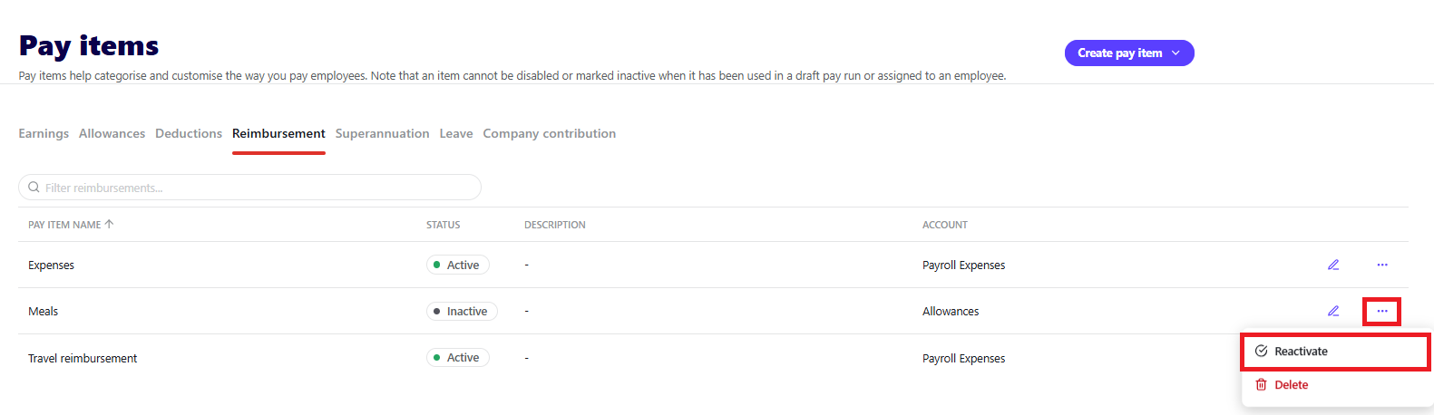 Reimbursement tab on the Pay items screen, showing the ellipses menu and Reactivate menu item on an inactive reimbursement pay item.