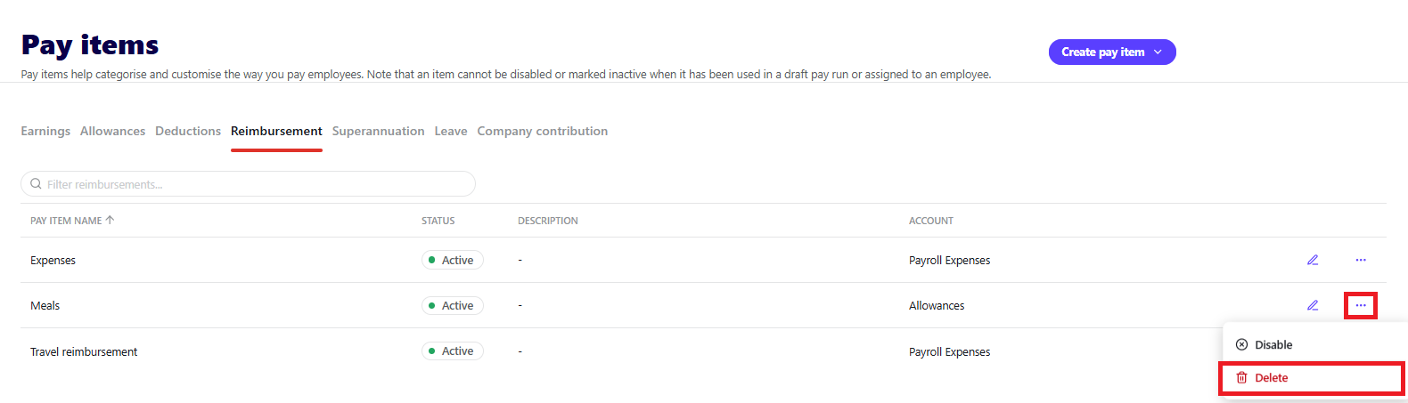 Reimbursement tab on the Pay items screen, showing the ellipses menu and the Delete menu item on a reimbursement pay item.