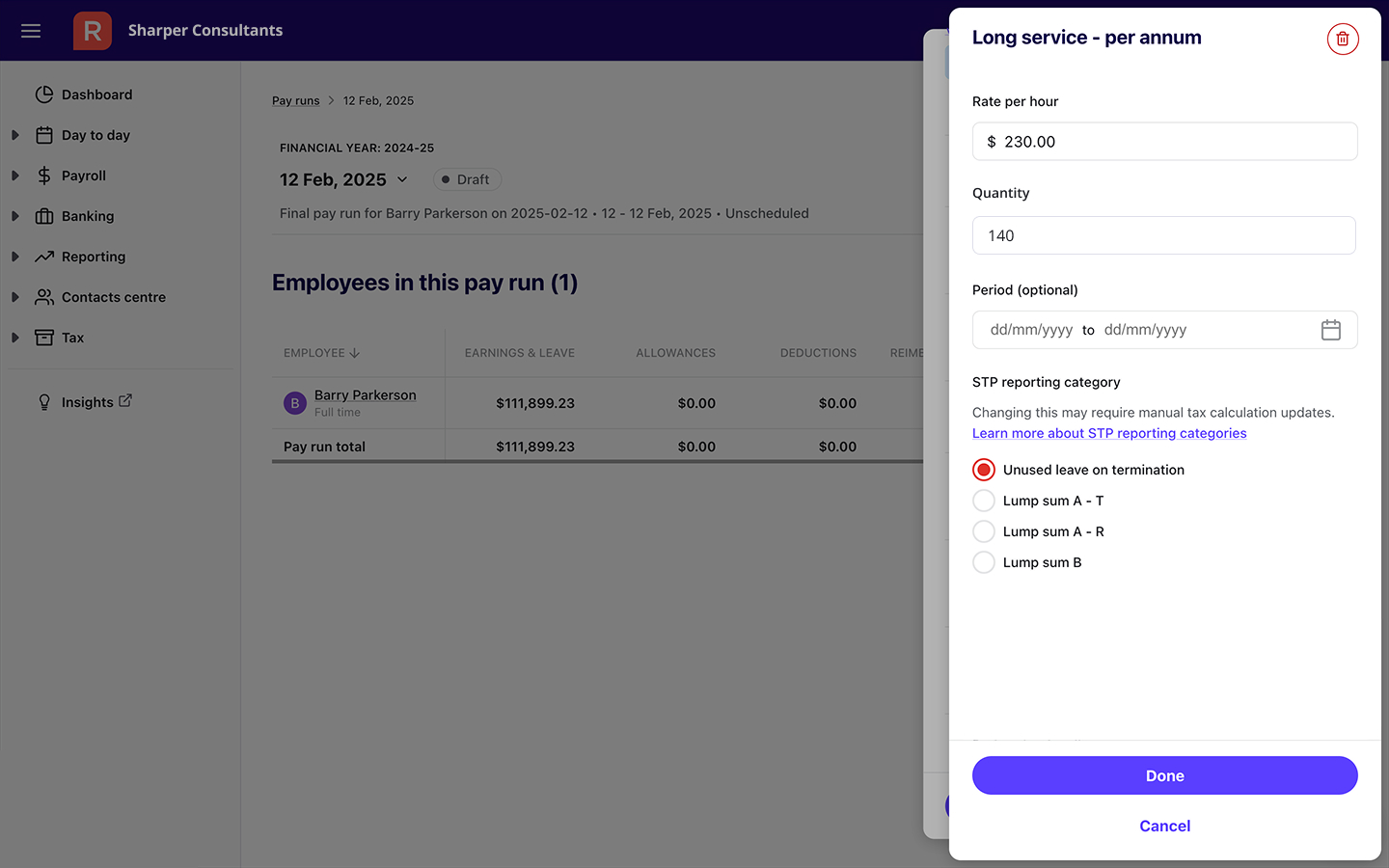 Screenshot of user editing long service leave item and selecting unused leave on termination.