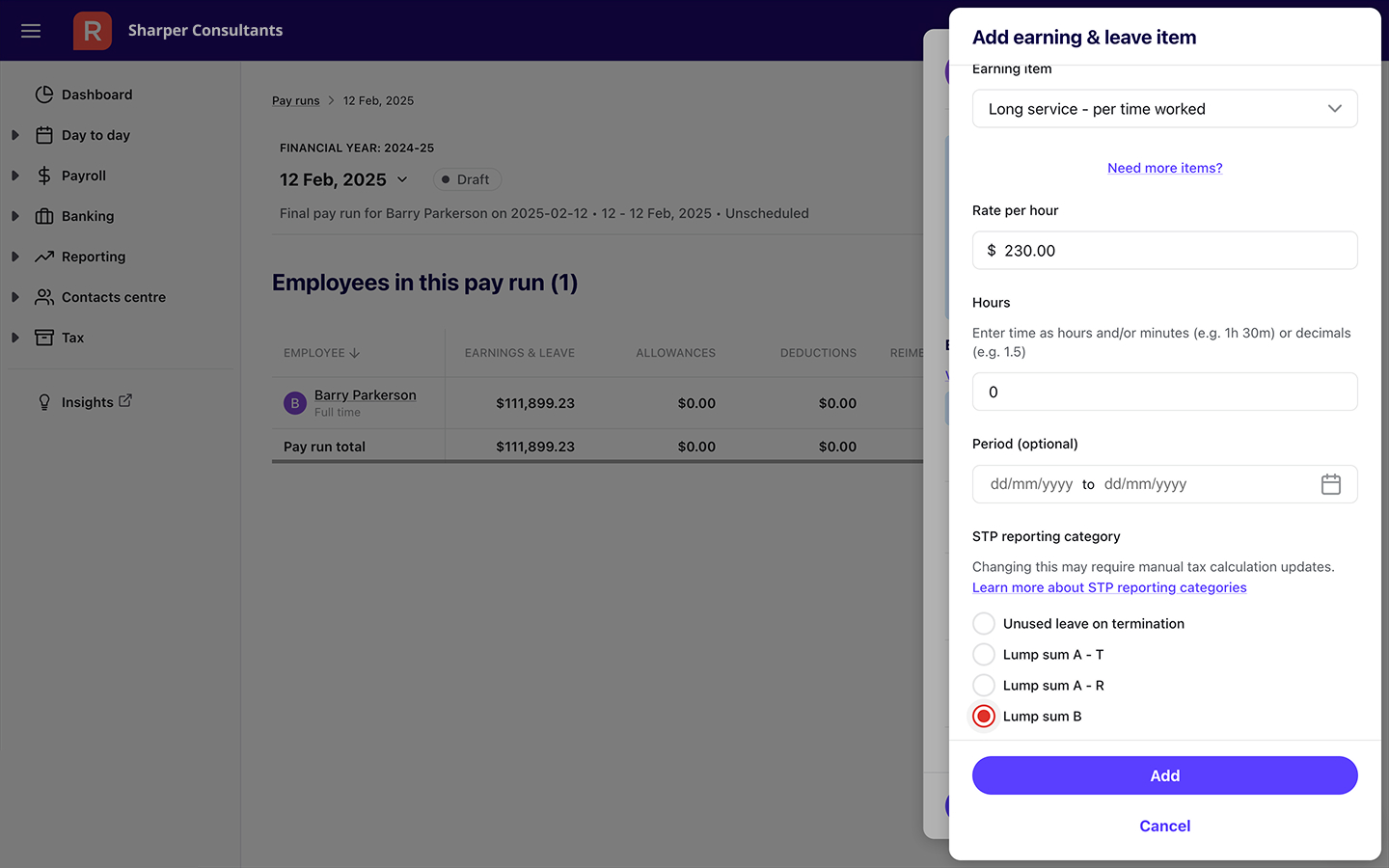 Screenshot of user adding a Long Service Leave earnings and leave item with Lump Sum B selected for STP reporting