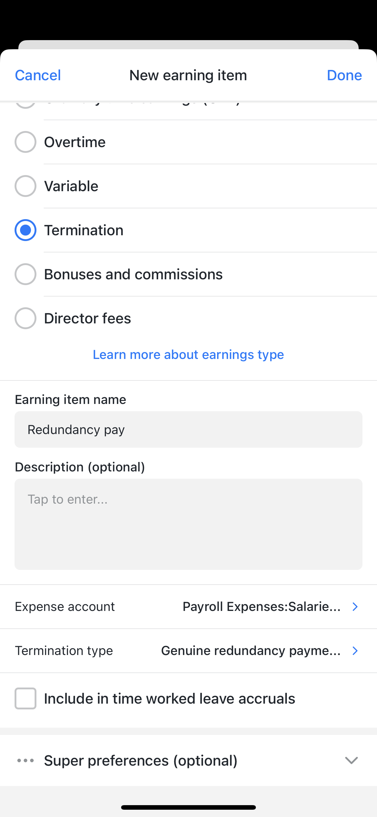 Termination pay item