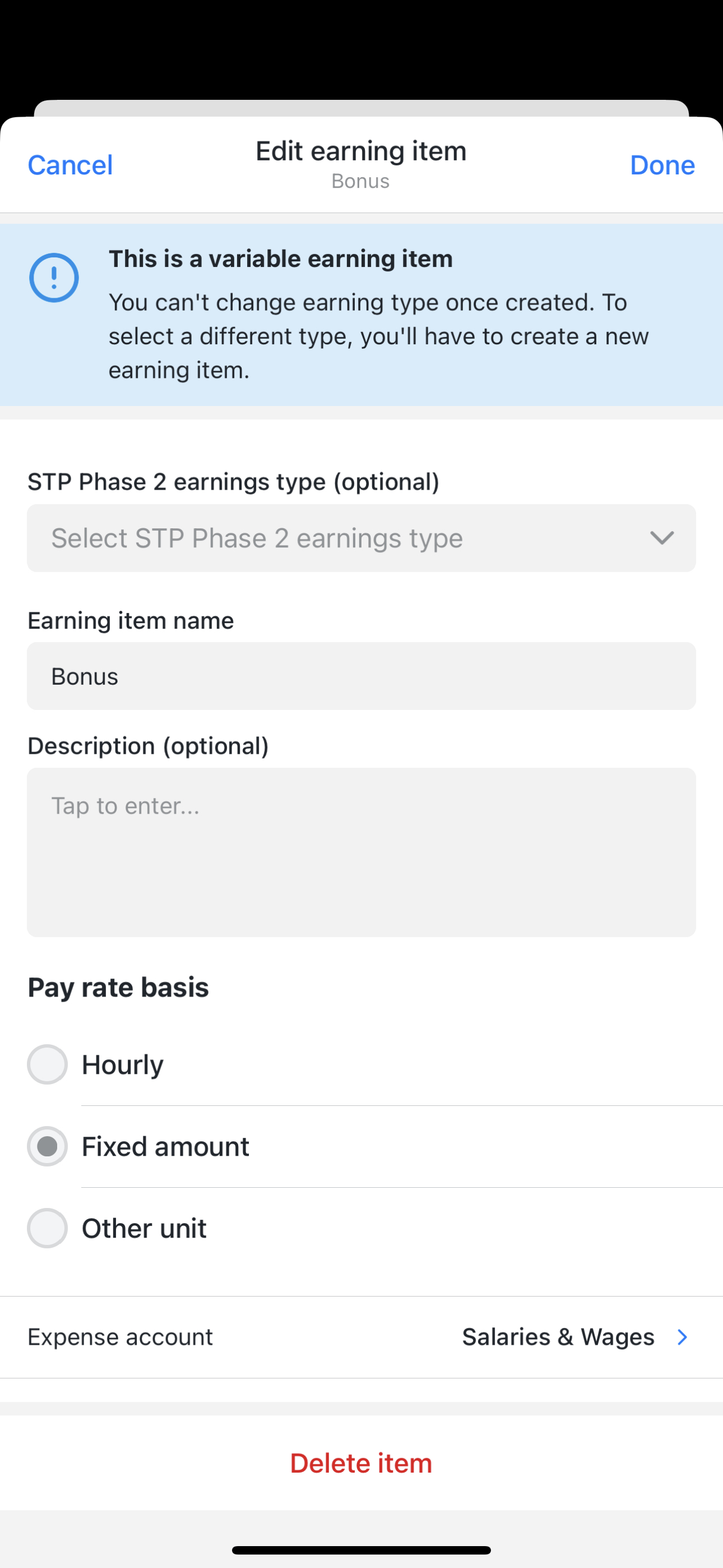 Earning item with STP Phase 2 earning type (optional) field