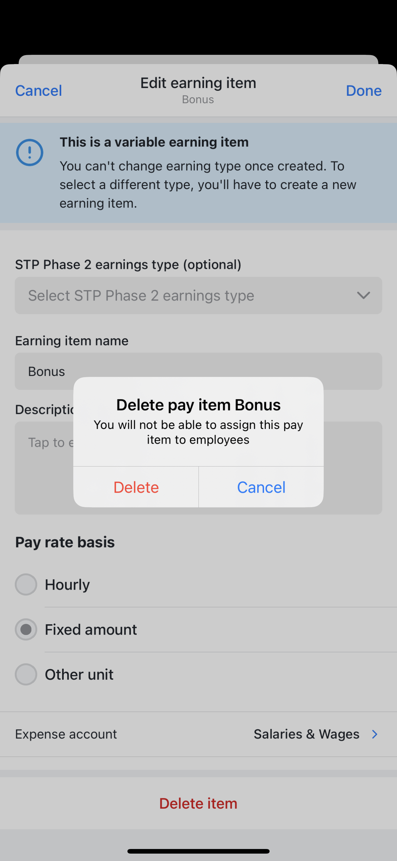 Confirm deletion of earning item