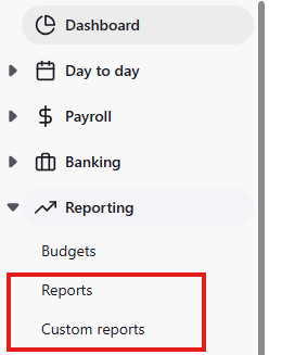 Part of the Reckon One side navigation showing the Reports and Custom reports menu items in the Reporting menu