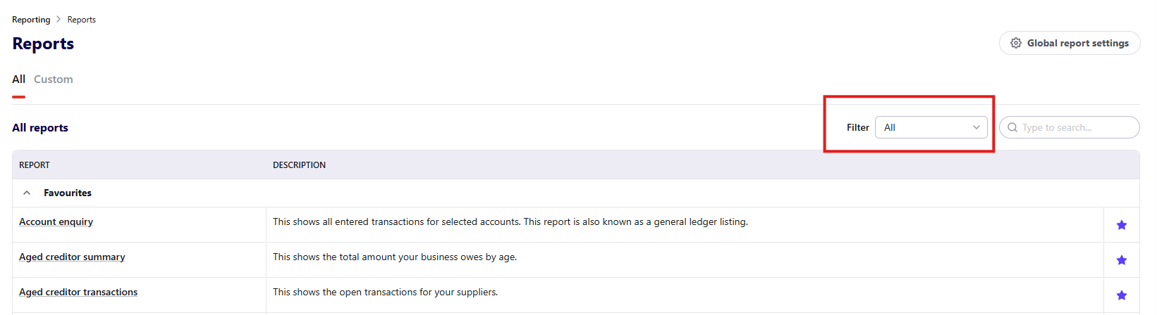 The filter box on the Reports screen in Reckon One