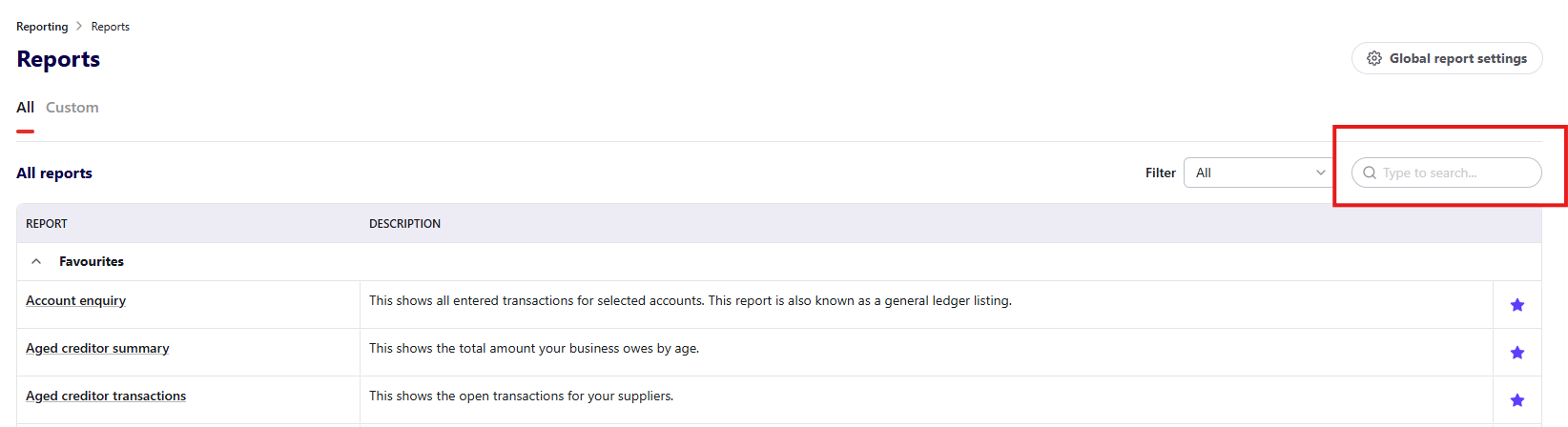 The Search bar on the Reports screen in Reckon One