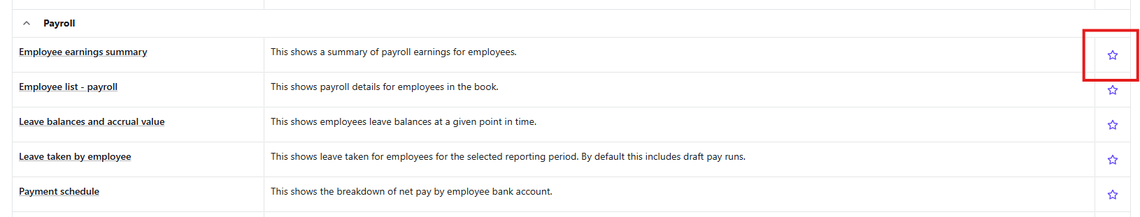 The Favourites star next to a report in the Reports screen in Reckon One, which when clicked, bookmarks the report.