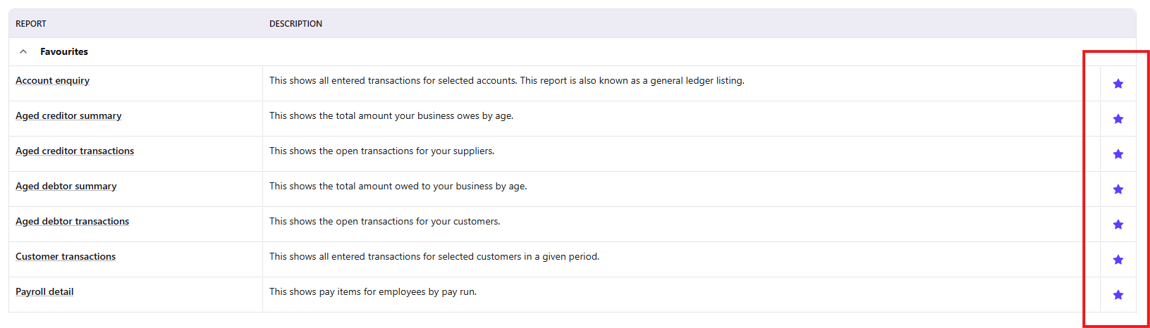 The Favourites stars next to reports in the Reports screen in Reckon One, shown filled, which indicates they've been clicked on and the report has been bookmarked.