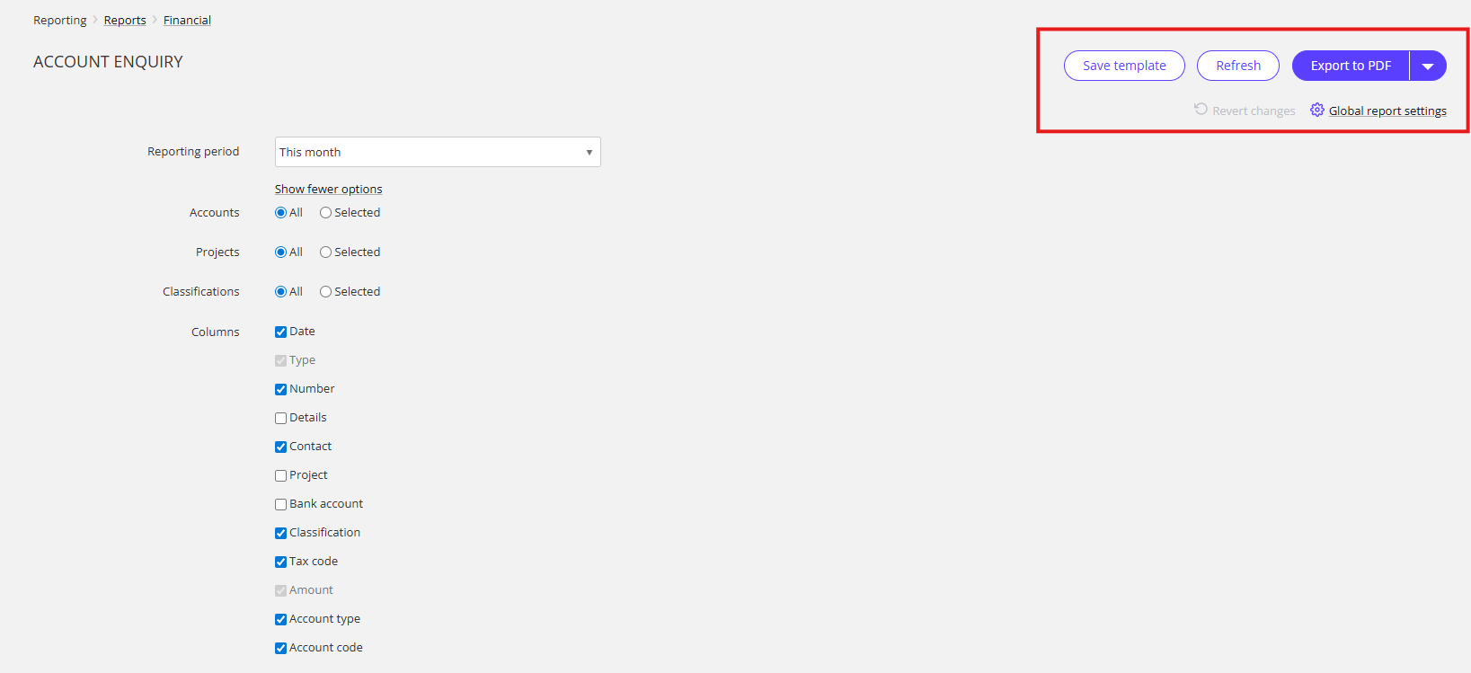 The Save, Refresh and Export options on a report in Reckon One