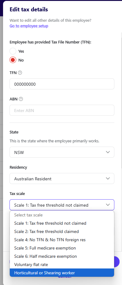 Edit tax details drawer, with Horticultural or Shearing worker tax scale being selected in the Tax scale field.