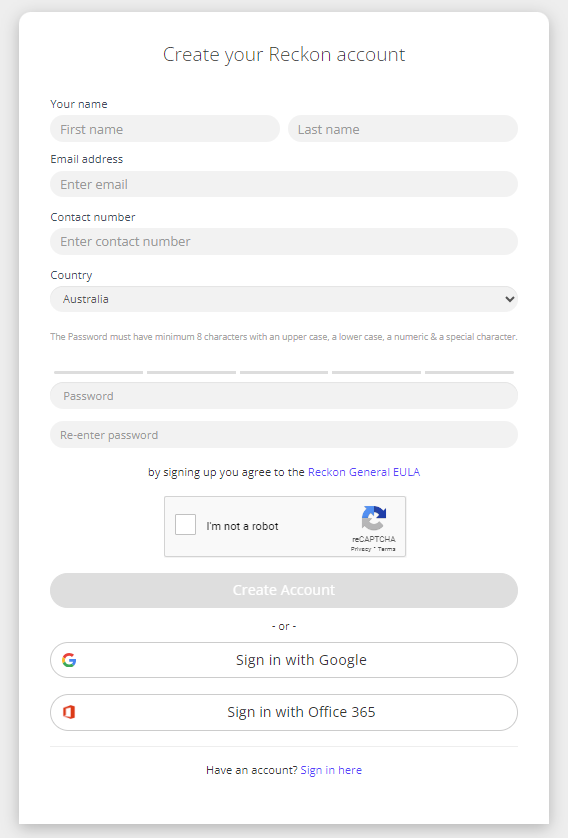 Image of the create account form for Reckon