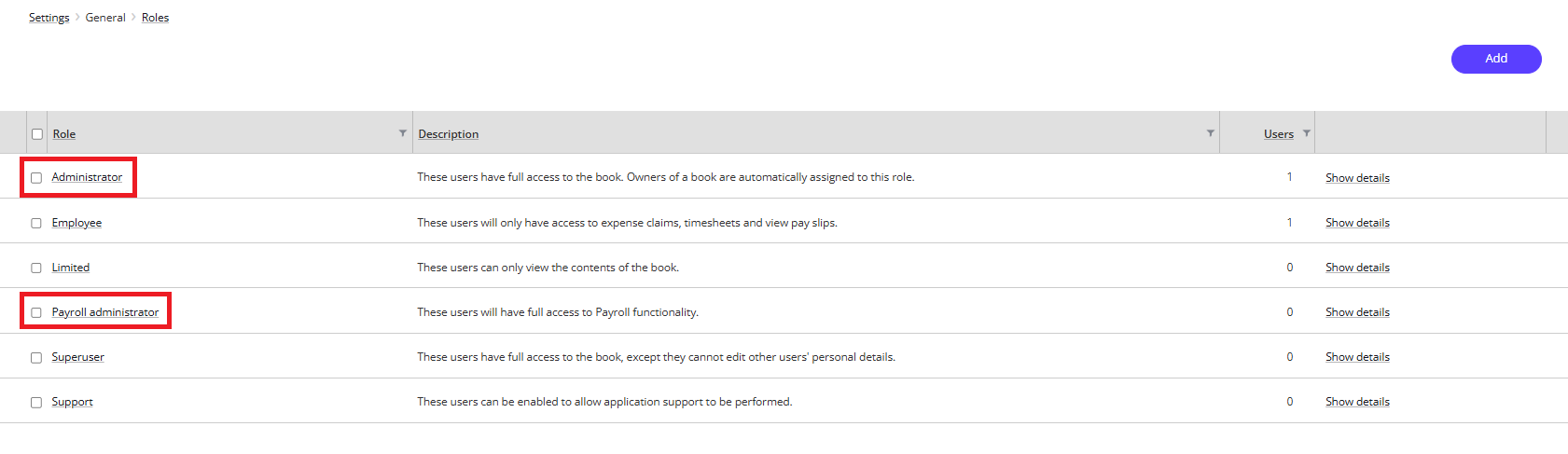 Roles settings screen showing Administrator and Payroll administrator roles.