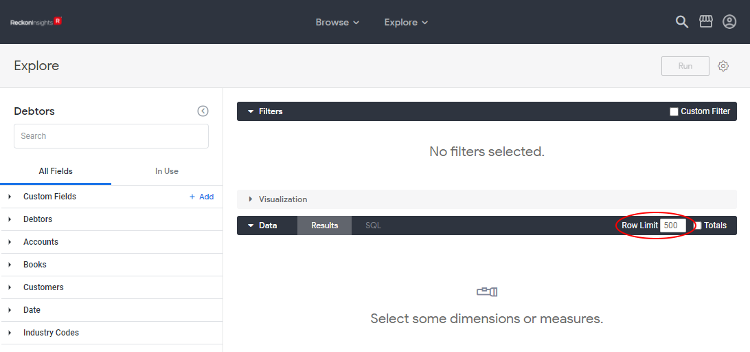 Image of the Debtors Explore just after it has been opened, showing messages stating "No filters selected" & "Select some dimensions or measures", and with the row limit of 500 circled.