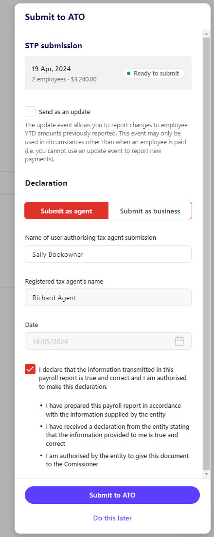 Submit to ATO drawer showing Submit as agent fields.