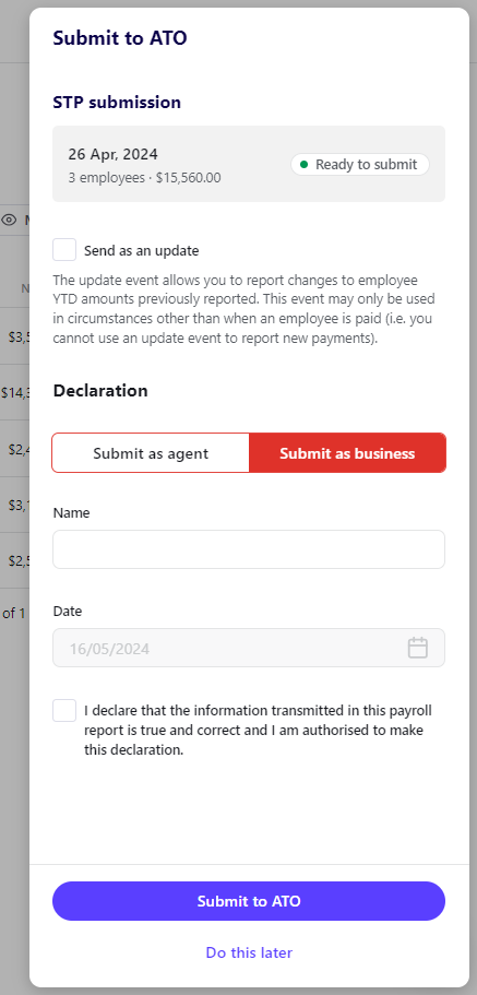 Submit to ATO drawer showing fields when Submit as business is selected.