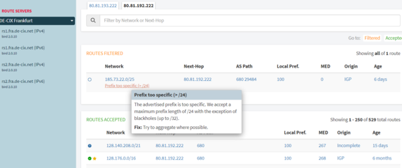 DE-CIX Looking Glass specific route server neighbor