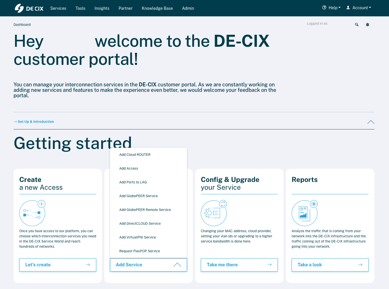 DE-CIX customer portal dashboard with 'Getting started' options: Create Access, Config & Upgrade Service, Reports.
