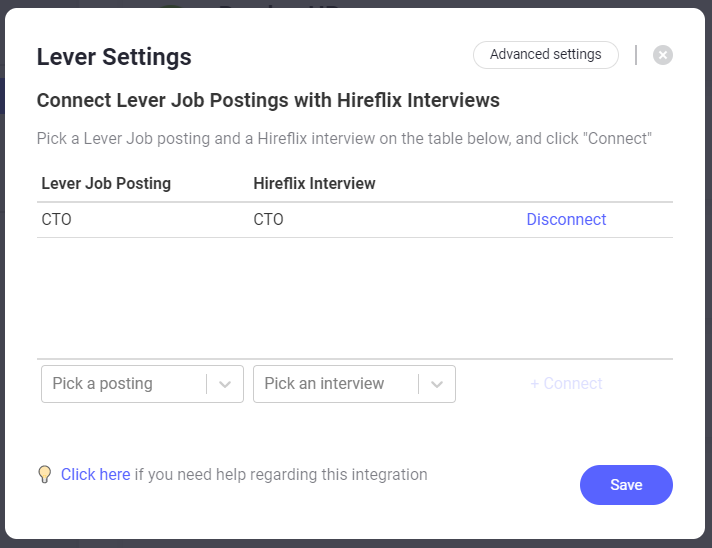 Lever settings connect Lever job postings with hireflix interview section