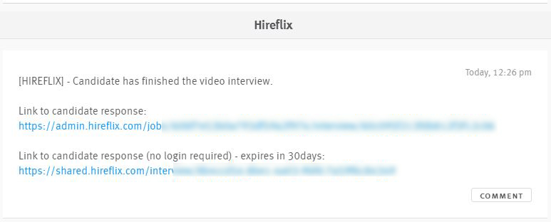 Hireflix profile with finished interview message and links to candidate responses