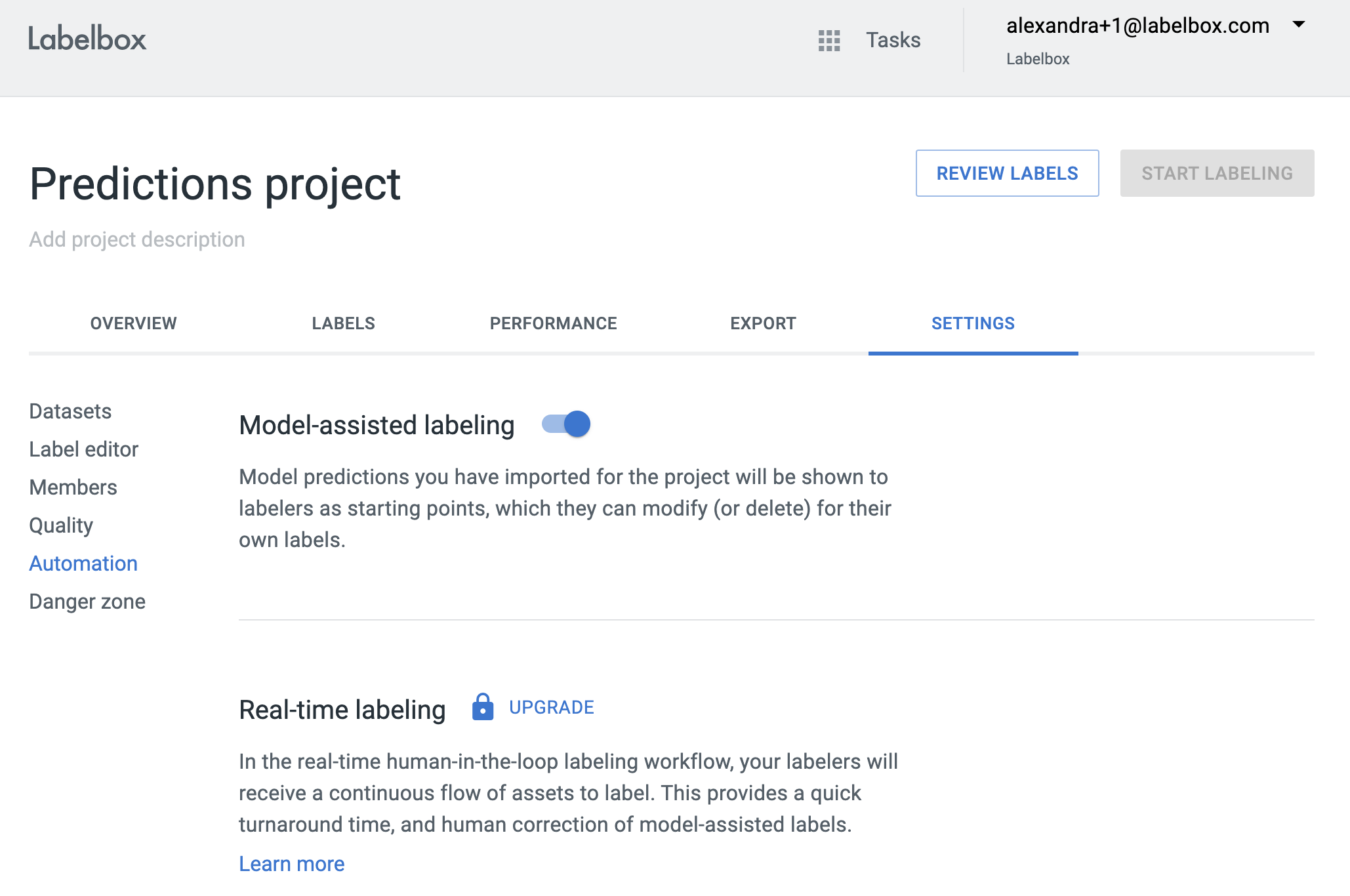 Model-assisted labeling toggle on