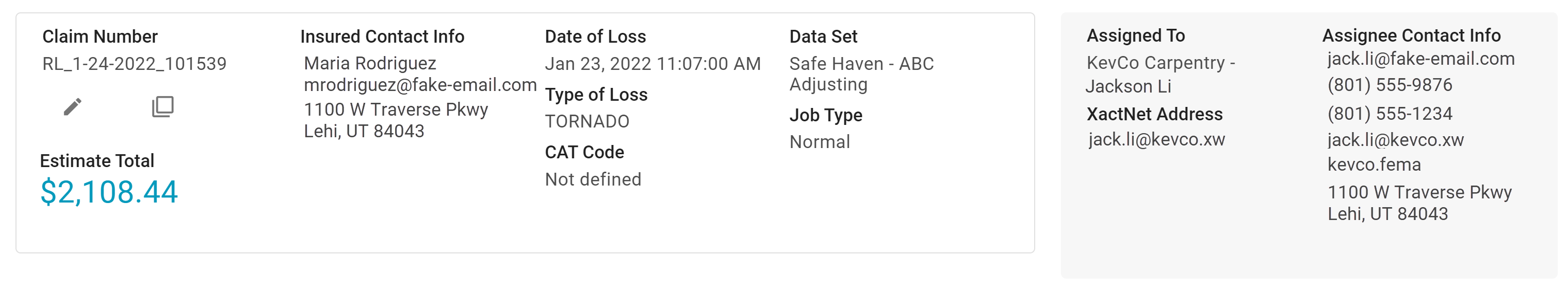 Screenshot of the detail summary; the claim information section includes the claim number, estimate total, insured contact info, date of loss, type of loss, CAT code, data set, and job typ; the assignee section includes assigned to, xactnet address, and assignee contact info