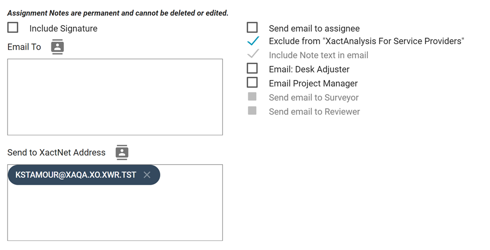 Screen capture of the communication options of the notes; email to is a text field, send to xactnet address is a text field, and all other options are check boxes in a list