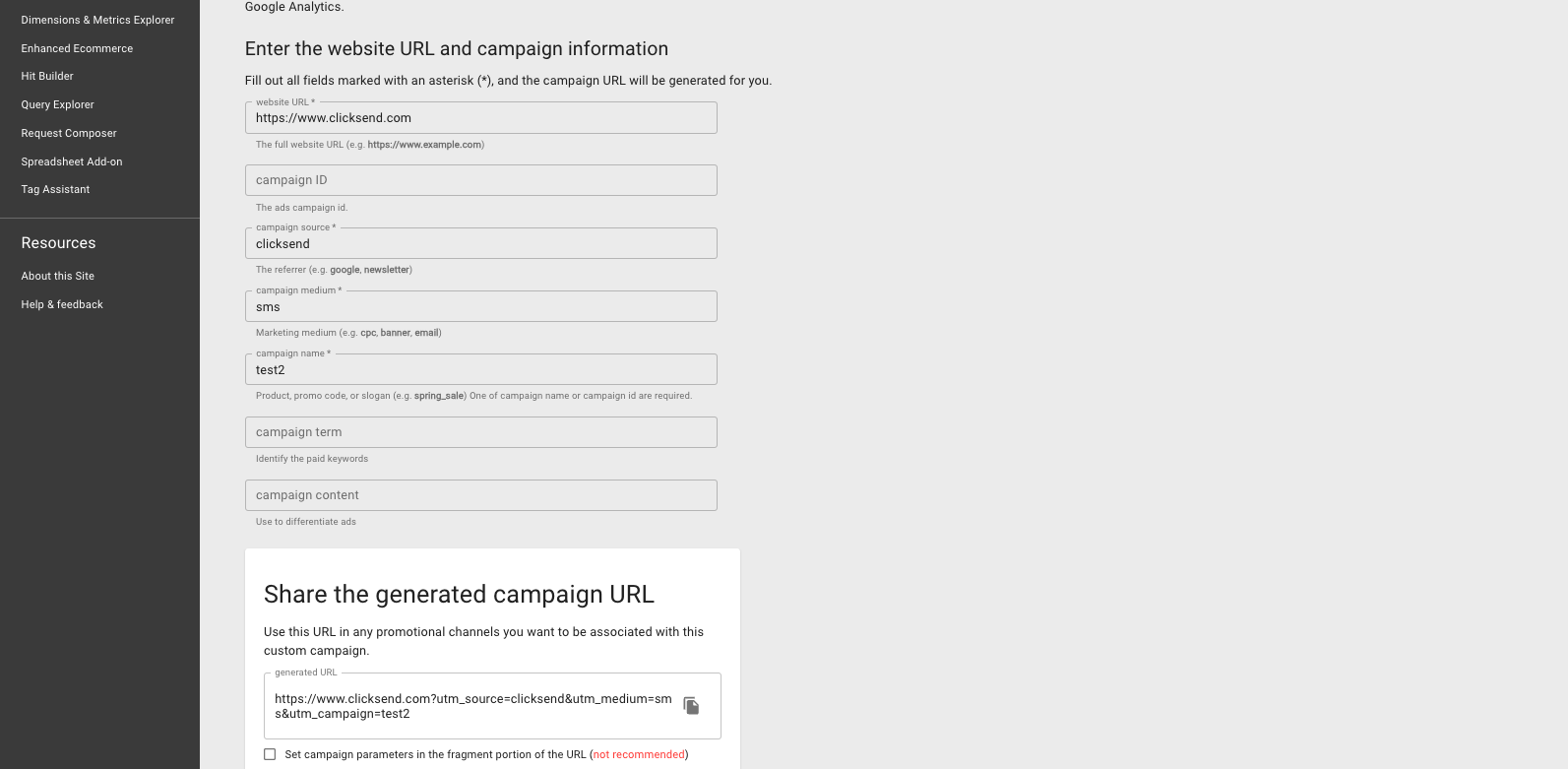 Screenshot of the Google Campaign URL builder tool showing UTM campaign, source and medium on a link