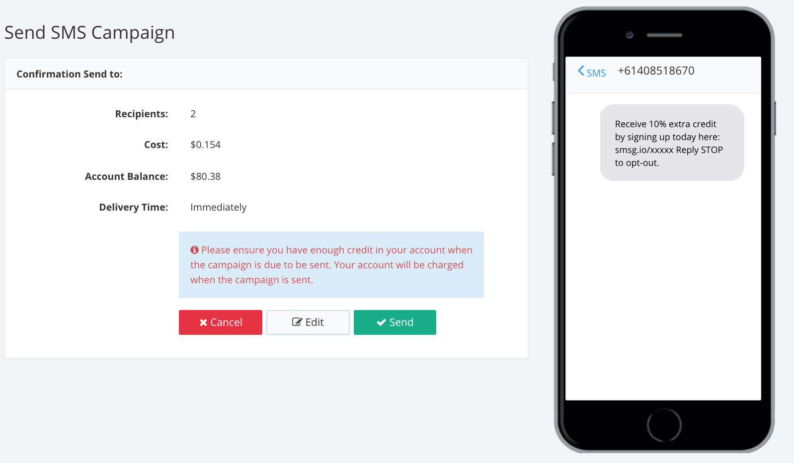 click send sms pricing