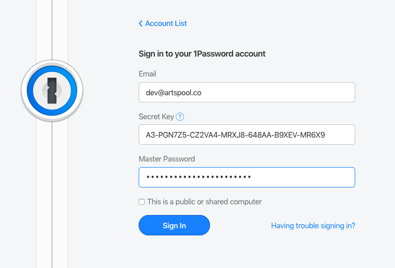 1password login with secret key