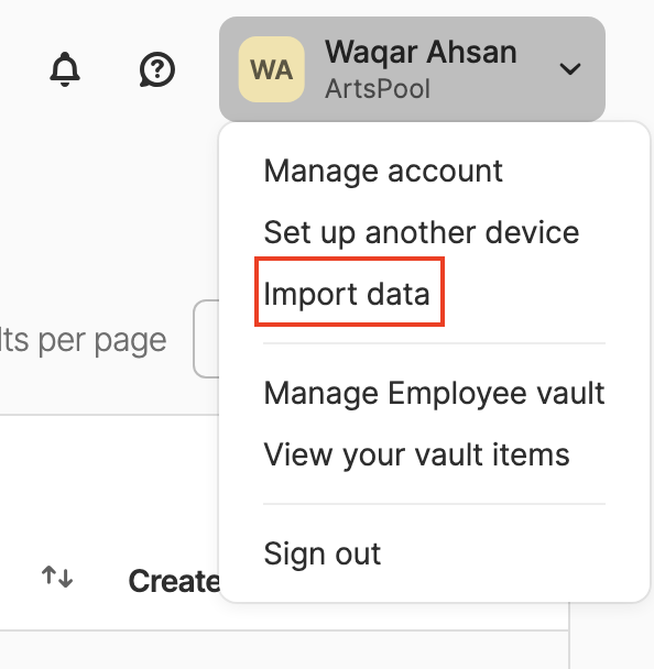 1Password menu dropdown for import
