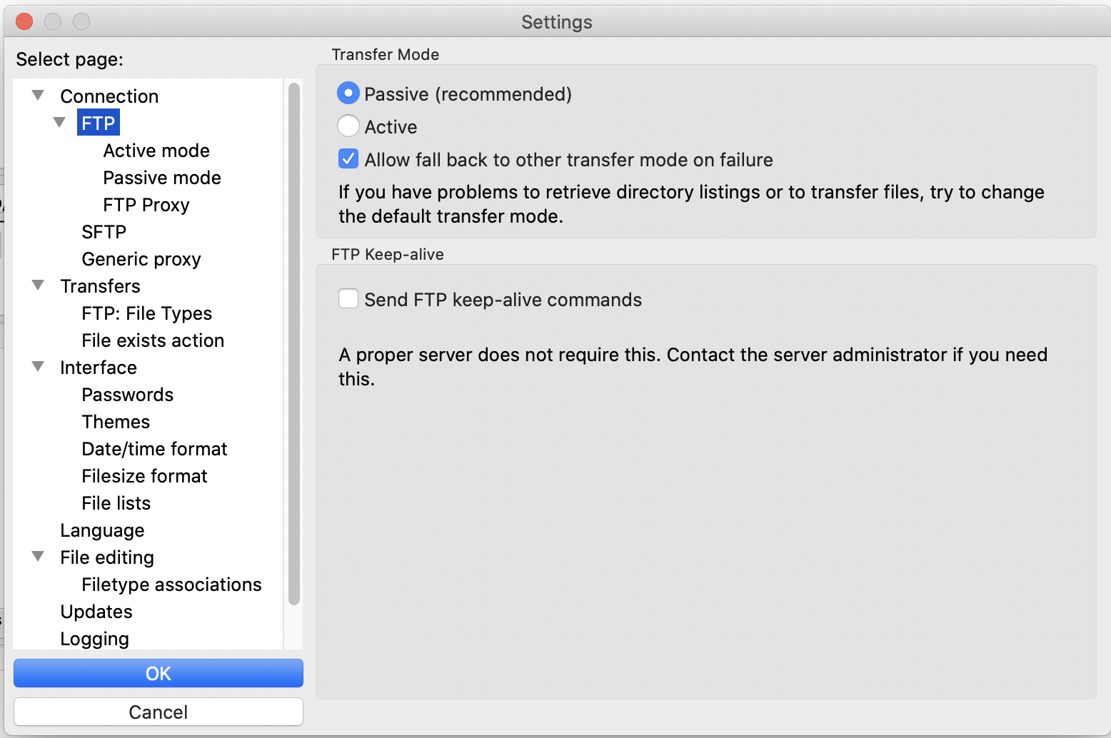 FTP Client Passive Mode Settings in FileZilla
