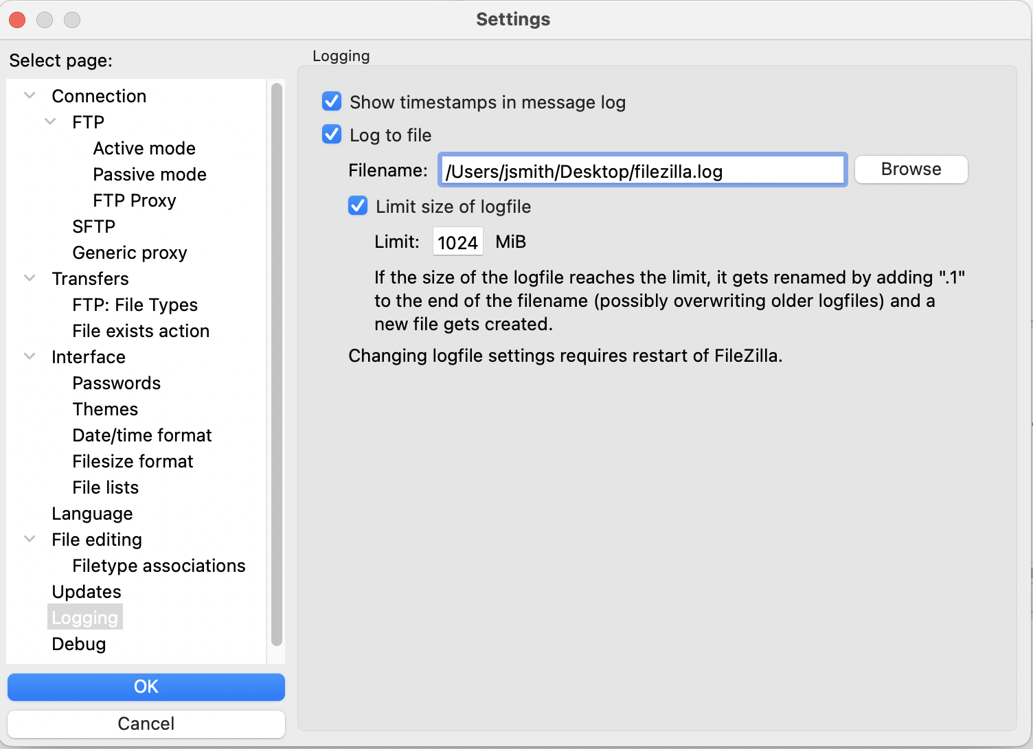 FTP Client Log Settings in FileZilla