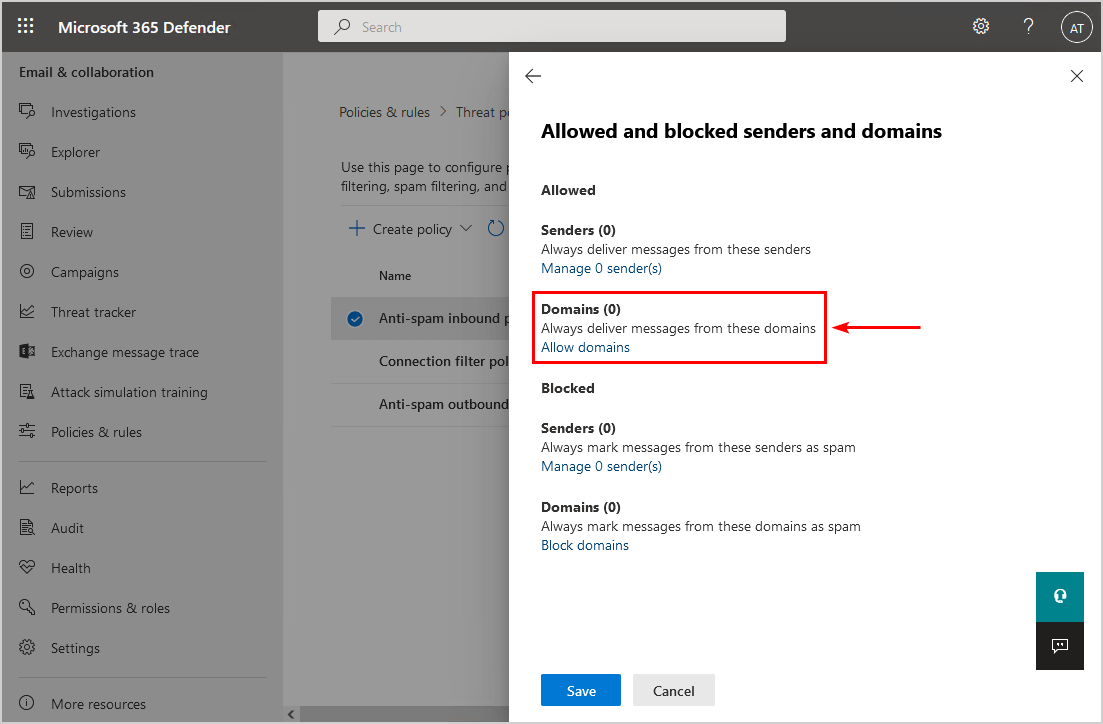 Whitelist domain in Office 365 to bypass SPAM filtering allow domains