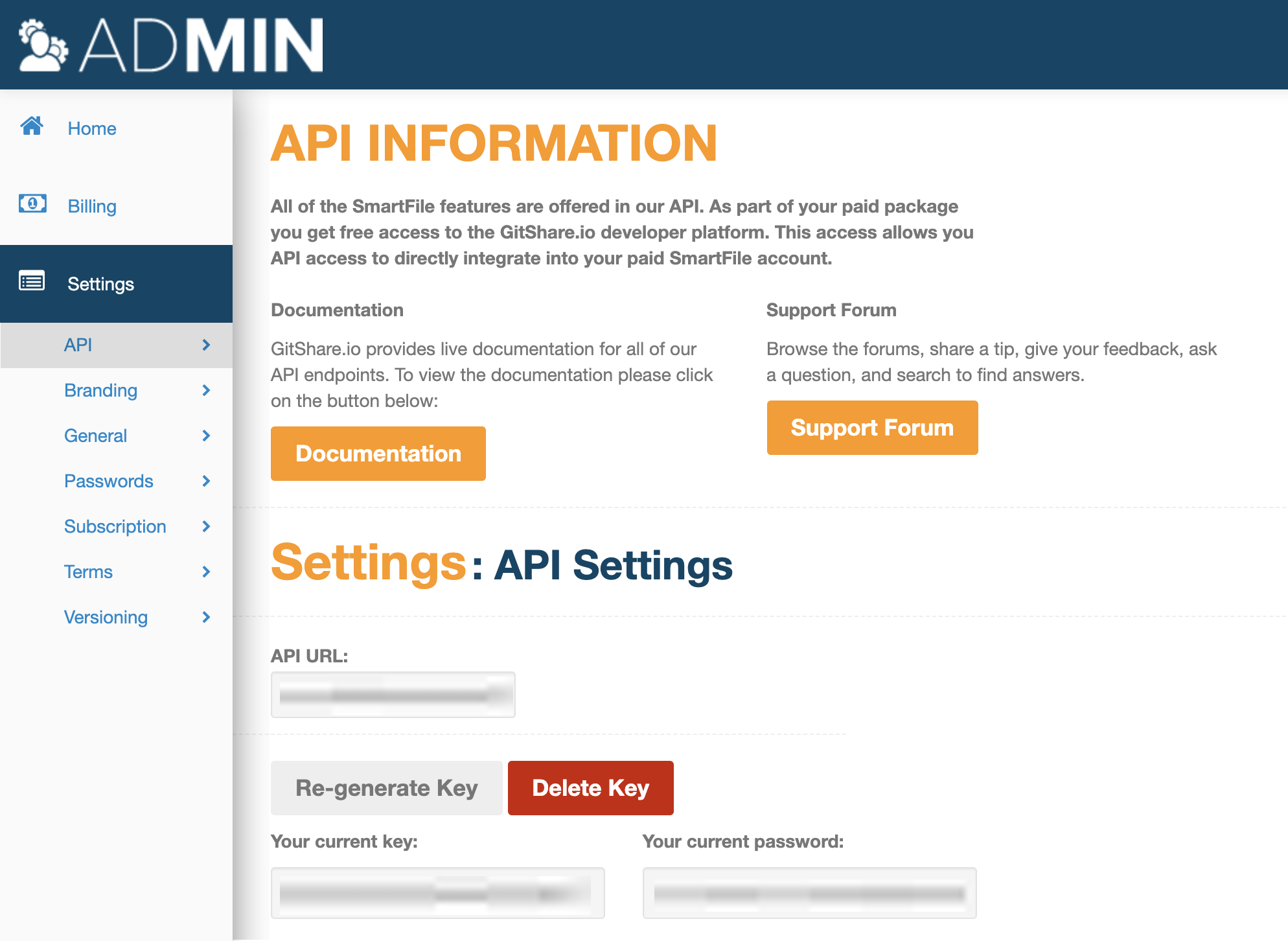 API key and password in site settings