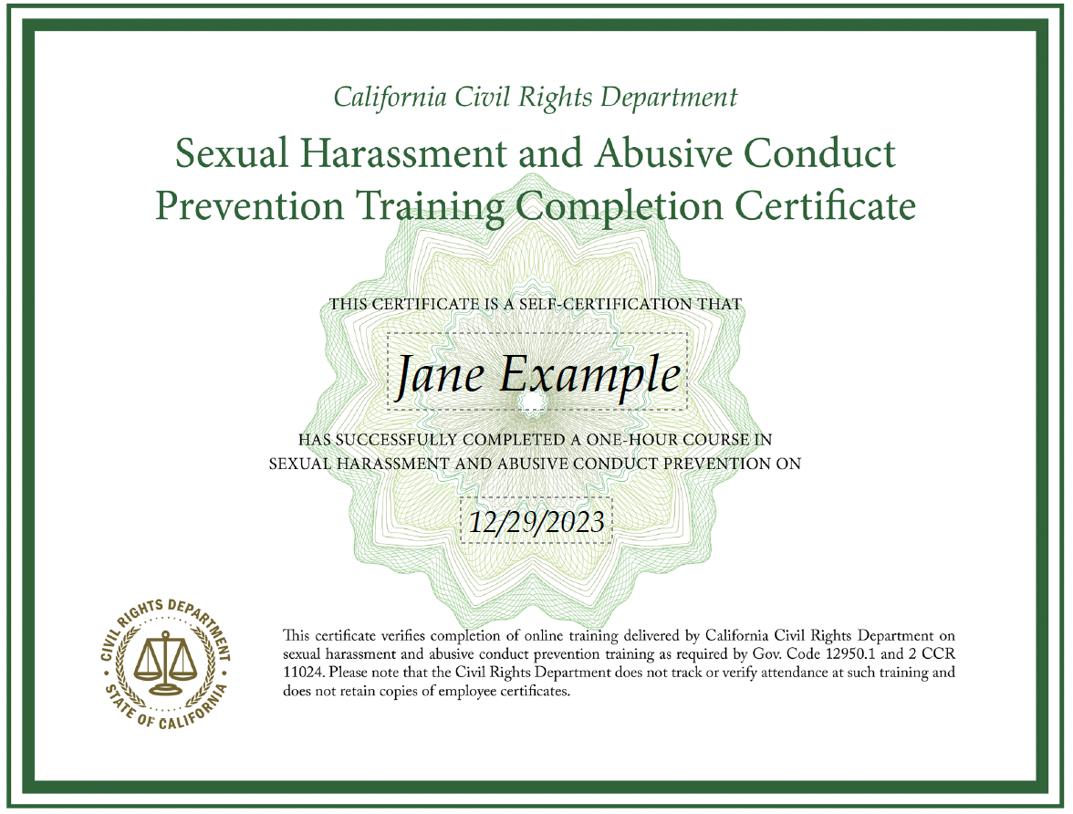 Example of Sexual Harassment Prevention Training Certificate