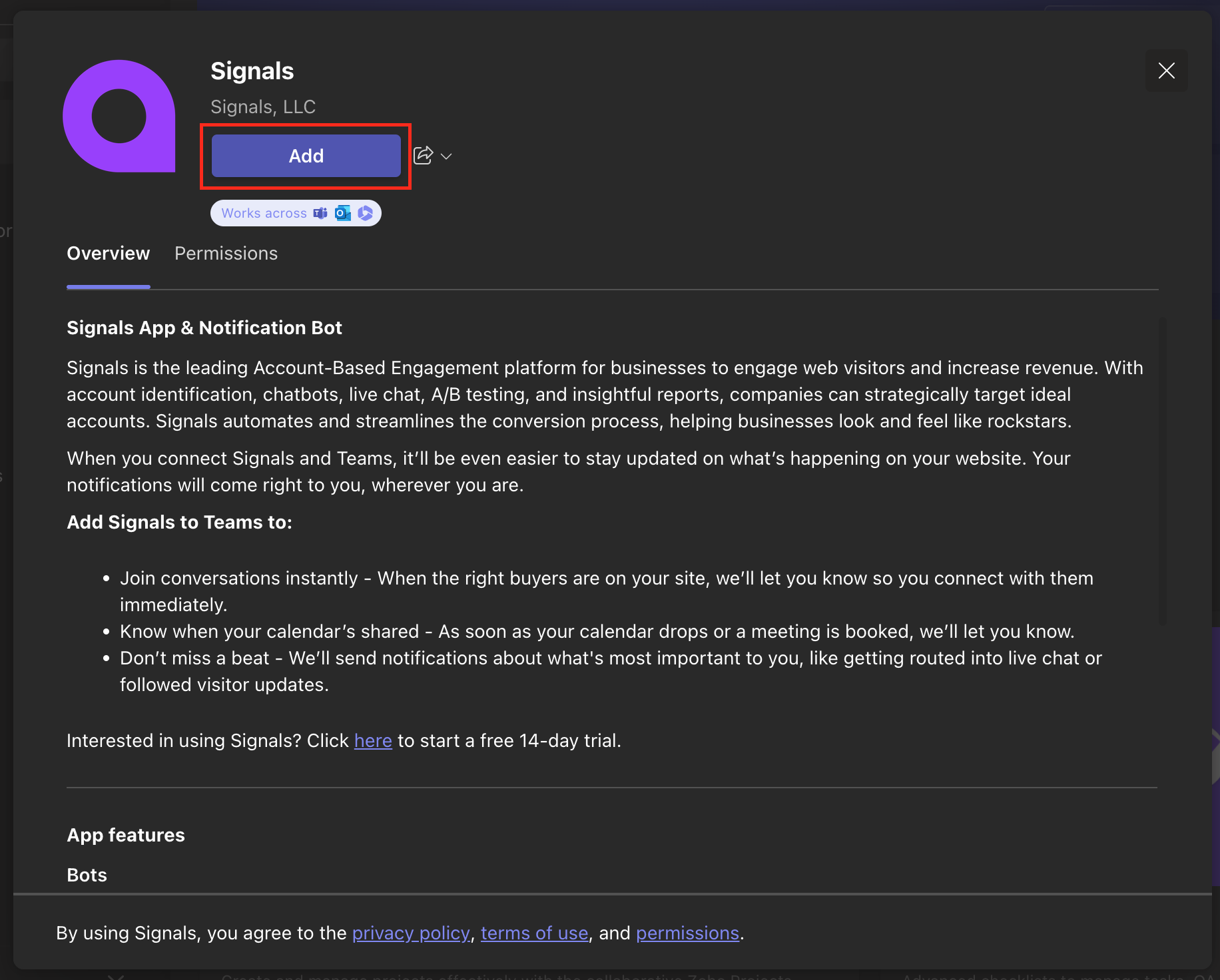 Chatfunnels 
          chatfunnels.com 
          Add 
          About 
          Permissions 
          By using Chatfunnels, you agree to 
          the privacy policy and terms of use. 
          x 
          Chatfunnels App & Notification Bot 
          ChatFunnels is the leading Account-Based Engagement platform for businesses to 
          engage web visitors and increase revenue. With account identification, chatbots, live 
          chat, A/B testing, and 'nsightful reports, companies can strategically target ideal 
          accounts. ChatFunnels automates and streamlines the conversion process, helping 
          businesses look and feel like rockstars. 
          When you connect ChatFunnels and Teams, it'll be even easier to stay updated on 
          what's happening on your website. Your notifications will come right to you, wherever 
          you are. 
          Add ChatFunneIs to Teams to: 
          Join conversations instantly - When the right buyers are on your site, we'll let you 
          know so you connect with them immediately. 
          Know when your calendar's shared - As soon as your calendar drops or a meeting 
          is booked, we'll let you know. 
          Don't miss a beat - We'll send notifications about what's most important to you, 
          like getting routed into live chat or followed visitor updates. 
          Interested in using ChatFunnels? Click here to start a free 14-day trial. 
          Chat with the app to ask questions and find info 
          Personal app 
          Keep track of important content and info 