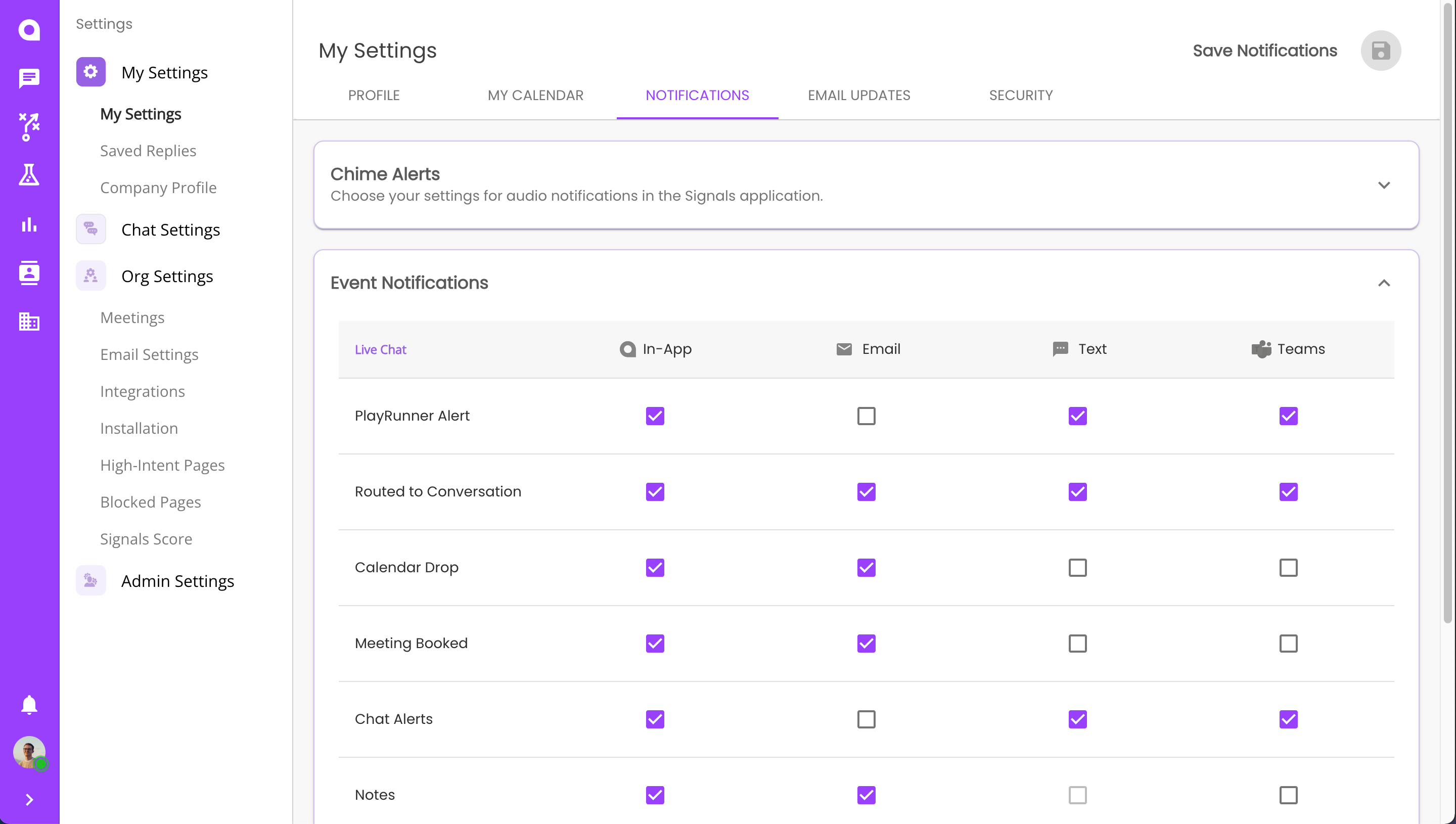 Settings 
          My Settings 
          My Settings 
          Saved Replies 
          Company profile 
          Chat Settings 
          Org Settings 
          Email Settings 
          Integrations 
          Installation 
          Admin Settings 
          My Settings 
          PROFILE 
          Chime Alerts 
          MY CALENDAR 
          NOTIFICATIONS 
          SECURITY 
          ALERTS 
          Desktop 
          Email 
          Text 
          Save Notifications 
          Teams 
          a 
          Choose your settings for audio notifications In the ChatFunnels application. 
          Event Notifications 
          Live Chat 
          Routed to Conversation 
          Calendar Drop 
          Meeting Booked 
          Chat Alerts 
          Notes 
          Followed Visitor Updates 
          Daily Chat Summary 
          Daily ABE Summary 
          In-App 