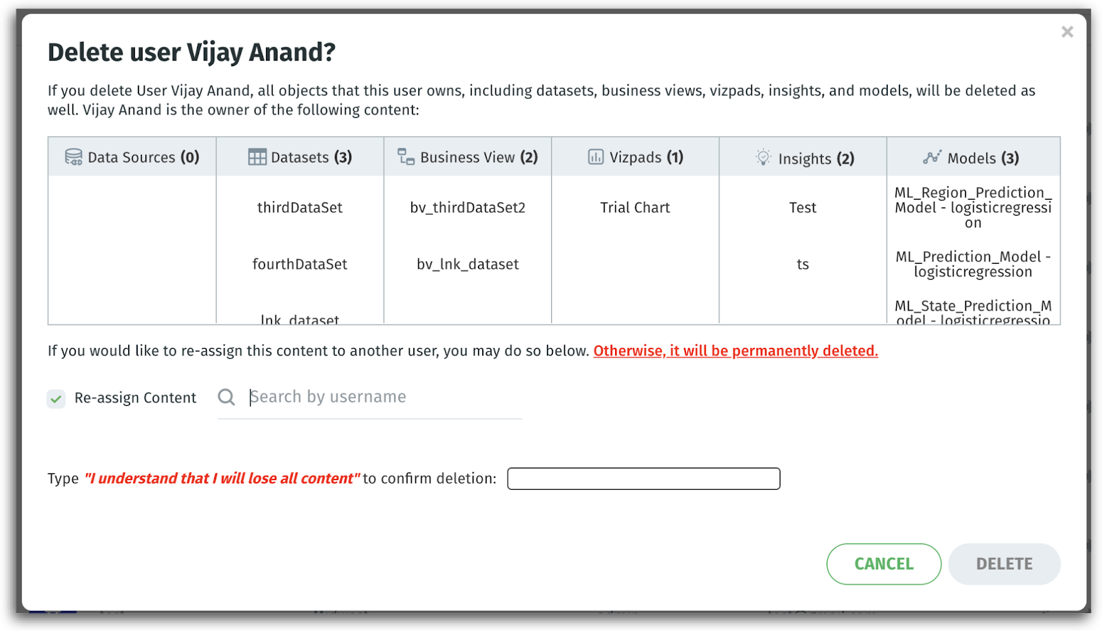Manifold confirmation on deletion of user account